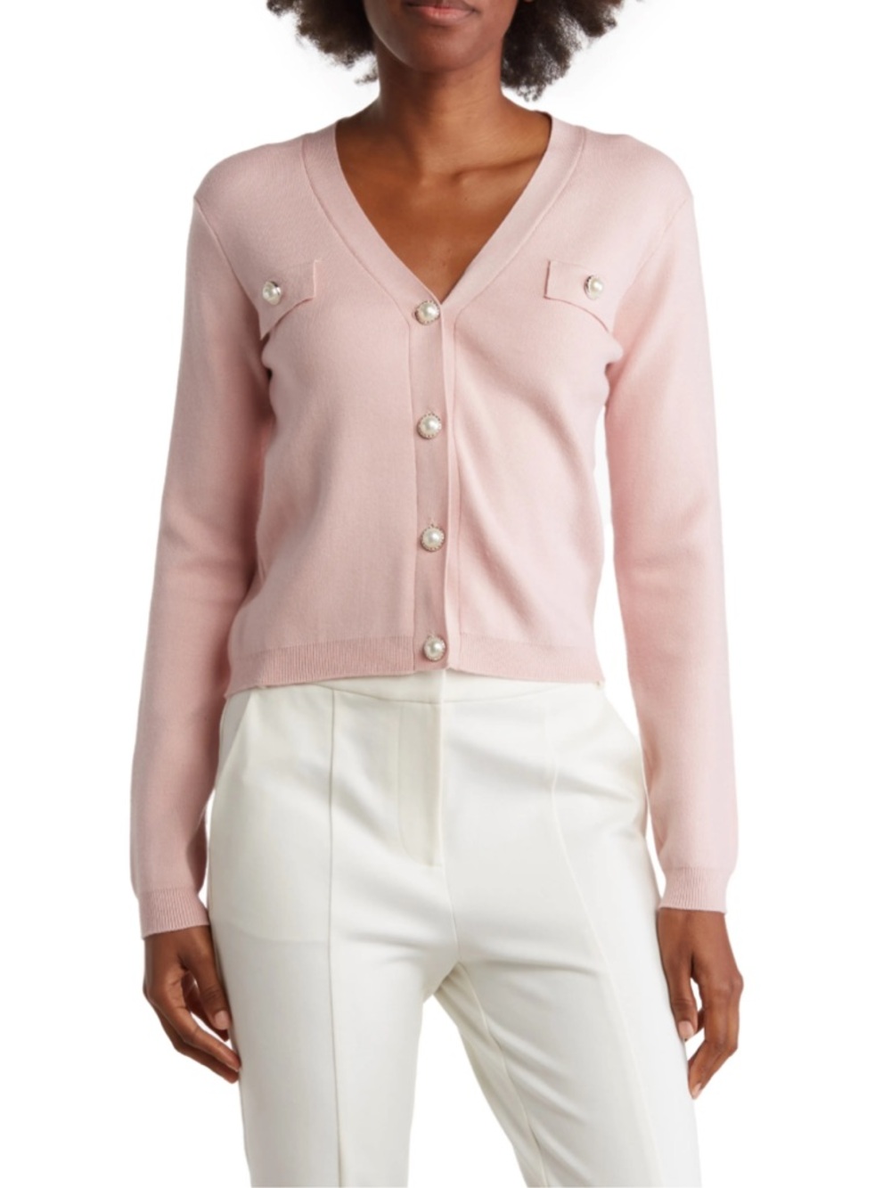 T Tahari Pale Pink V-Neck Pearl Button Cardigan